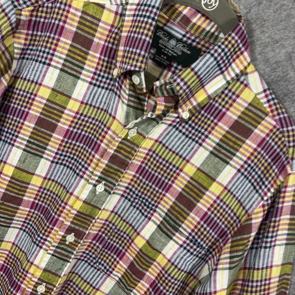 Brooks Brothers Country Club Irish Linen Shirt Mens Sz S Plaid Slim Fit USA